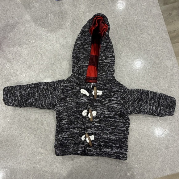 Carter's Other - CARTER'S Baby Boy Hooded Sweater Jacket 3M Gray Black Red Plaid Toggle Buttons